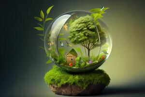 wereld milieu en aarde dag concept met glas wereldbol en eco vriendelijk omgeving. generatief ai foto