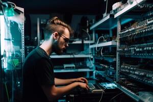 een Mens is werken Aan een computer in een donker kamer gemaakt met generatief ai technologie foto