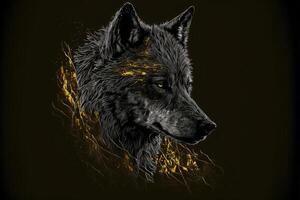 portret van een grijs wolf, versierd met goud. donker illustratie met gouden vlekken. generatief ai illustratie. foto