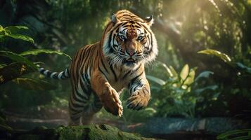majestueus tijger in sprong. generatief ai foto