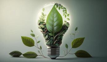 eco vriendelijk gloeilamp van vers bladeren top wedijveren, concept van hernieuwbaar energie en duurzame leven, gemaakt met generatief ai technologie foto