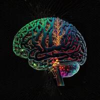 generatief ai hersenen kunst nft neon en cyberpunk kleur, holografie, kosmisch achtergrond, gloeiend digitaal hersenen ai intelligentie- vormen gedigitaliseerd neuronen kunstmatig intelligentie- kunst algoritme. foto