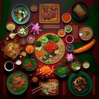 top visie van tafel avondeten Vietnamees. knolling fotografie van familie avondeten nieuw jaar , levendig. Vietnamees traditioneel maaltijd in land kant. vlak leggen. foto