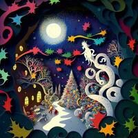 papier besnoeiing filigraan multidimensionaal, papier besnoeiing ambacht, papier illustratie, Kerstmis boom en gekleurde lichten, Liaan, sterren, tunnel, komeet, overladen, olie, kerstmis, de kerstman claus, sneeuw, duiven foto