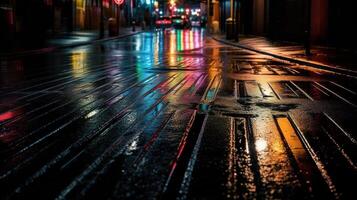 stedelijk reflecties van neon lichten Aan nat asfalt textuur. generatief ai foto