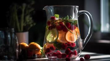 levendig doordrenkt wateren, voedzaam verpakt fruit, groenten, en kruiden ondergedompeld in een Doorzichtig glas werper generatief ai foto