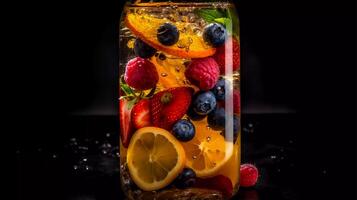 levendig doordrenkt wateren, voedzaam verpakt fruit, groenten, en kruiden ondergedompeld in een Doorzichtig glas werper generatief ai foto