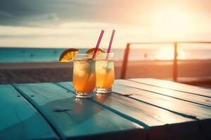 houten tafel en bril met cocktails in de grond en zacht focus zomer strand en een bar in de wazig achtergrond tropisch toevlucht banier net zo een tropisch vakantie concept. ai gegenereerd foto