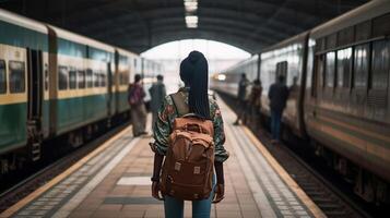 Afrikaanse vrouw Aan de spoorweg station voordat haar reis tussen twee snelweg treinen aan het wachten voor vertrek Aan de platform binnenshuis van een spoorweg depot, generatief ai foto