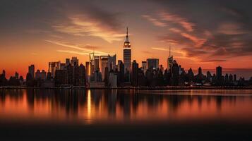 verbazingwekkend panorama visie van nieuw york stad horizon en wolkenkrabber Bij zonsondergang. mooi nacht visie in Midtown Manhattan, generatief ai foto