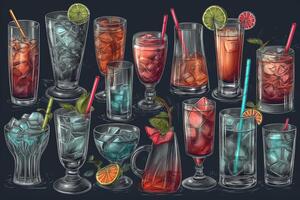 reeks van hand- getrokken cocktails gekleurde beslagleggingen rietjes ijs kubussen verscheidenheid van drinken bril grafiet potlood. ai gegenereerd foto