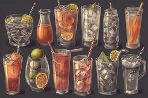 reeks van hand- getrokken cocktails gekleurde beslagleggingen rietjes ijs kubussen verscheidenheid van drinken bril grafiet potlood. ai gegenereerd foto