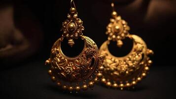 mooi Indisch antiek gouden paar- van oorbellen, luxe vrouw sieraden, Indisch traditioneel sieraden, indisch sieraden bruids oorbellen bruiloft sieraden zwaar partij oorbellen, generatief ai foto