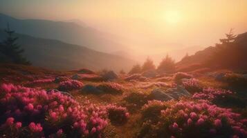 adembenemend natuur landschap gedurende zonsondergang. toneel- beeld van sprookje hoogland in zonovergoten. ongelooflijk mistig ochtend- in bergen met verbazingwekkend roze rododendron bloemen, generatief ai foto