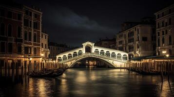 rialto brug en groots kanaal in Venetië, Italië. visie van Venetië groots kanaal met gandel. architectuur en oriëntatiepunten van Venetië. generatief ai foto