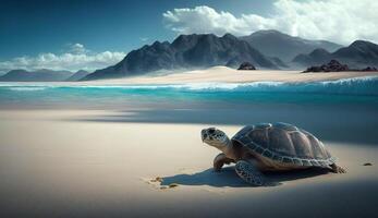 een zee schildpad kruipen Aan de zanderig strand met een berg in de achtergrond. ai gegenereerd. foto