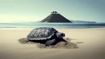 een zee schildpad kruipen Aan de zanderig strand met een berg in de achtergrond. ai gegenereerd. foto