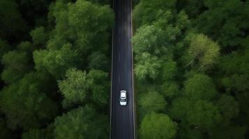 in de lucht zien groen Timberland met auto Aan de zwart-top straat. creatief hulpbron, ai gegenereerd foto