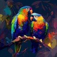 twee kleurrijk papegaaien neergestreken Aan Afdeling in Woud, pittoreske generatief ai illustratie perfect voor gebruik in natuur, dieren in het wild, en tropisch geïnspireerd ontwerpen. ideaal voor huis decor, muur kunst, en kleding foto