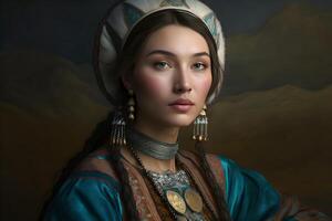 ai gegenereerd mooi Kazachs Aziatisch vrouw portret in nationaal kostuum. vrouw met baby foto