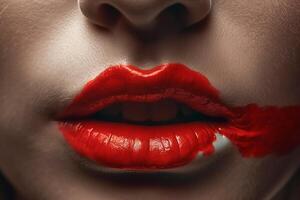 detailopname van een vrouw lippen zijn geschilderd rood lippenstift en vlekkerig. generatief ai foto