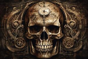 industrieel steampunk achtergrond met een menselijk schedel. ai gegenereerd foto