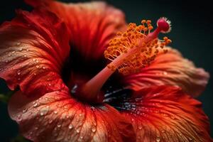 mooi bloeiend hibiscus dichtbij omhoog menselijk versterkt. ai gegenereerd foto