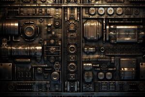 donker steampunk metalen scifi structuur achtergrond ontwerp. ai gegenereerd foto