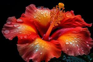 mooi bloeiend hibiscus dichtbij omhoog menselijk versterkt. ai gegenereerd foto