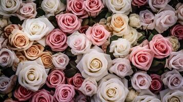 generatief ai, bloemen muur achtergrond met wit en licht roze vers rozen, pastel en zacht boeket bloemen kaart foto
