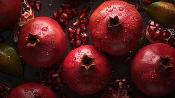 generatief ai, macro vers sappig voor de helft en geheel van granaatappel fruit achtergrond net zo patroon. detailopname foto met druppels van water