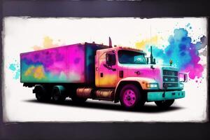 een kleurrijk vrachtwagen. een kleurrijk schilderij van een vrachtauto met een regenboog. gekleurde aanhangwagen. waterverf verf. digitaal kunst, generatief ai foto