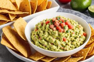 kom van guacamole met tomaat en peterselie.tortilla chips. generatief ai foto