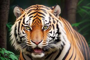 portret van een tijger Aan een natuur achtergrond. detailopname. dier in natuur. dieren in het wild tafereel. generatief ai foto