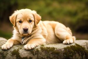 schattig gouden retriever. portret van een mooi gouden retriever hond spelen in de park. generatief ai foto