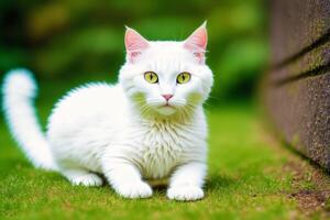 mooi kat met groen ogen Aan de achtergrond van groen bladeren. generatief ai foto