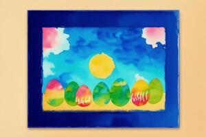 Pasen ansichtkaart. kleurrijk Pasen eieren en waterverf verven Aan een houten achtergrond. waterverf verf. digitaal kunst, generatief ai foto