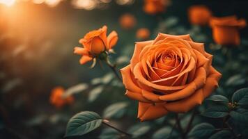 mooi oranje rozen met een glimmend zonsondergang gloed, ai gegenereerd foto