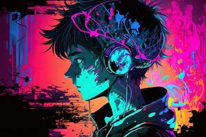 generatief ai een neon gamer anime mode jongen of Mens vervelend koptelefoon, verloren in zijn muziek. abstract achtergrond dat roept op de gevoel van verschillend genres van muziek. banier muziek- concept foto