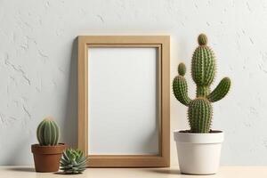 blanco afbeelding kader mockup Aan muur in modern interieur. artwork sjabloon bespotten omhoog in interieur ontwerp. houten afbeelding kader mockup Aan wit muur minimalistische - generatief ai foto