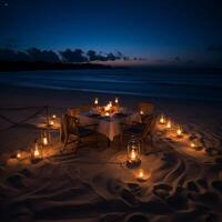 romantisch kaarslicht avondeten Aan een afgelegen strand met zacht zand. ai generatief foto