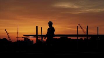 silhouet van bouw arbeider Bij gouden uur. ai generatief foto