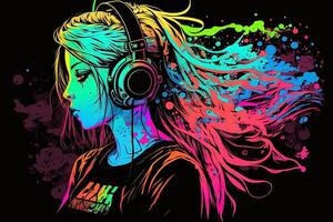 generatief ai een neon gamer anime mode meisje of vrouw vervelend koptelefoon, verloren in haar muziek. abstract achtergrond dat roept op de gevoel van verschillend genres van muziek. banier muziek- concept foto