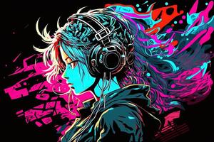 generatief ai een neon gamer anime mode meisje of vrouw vervelend koptelefoon, verloren in haar muziek. abstract achtergrond dat roept op de gevoel van verschillend genres van muziek. banier muziek- concept foto