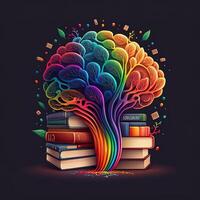 deze grillig beeld shows een hersenen met een bibliotheek binnen, haar neuronen en synapsen lit omhoog in een regenboog van blij kleuren. een stack van boeken Aan een plank geeft aan kennis en aan het leren, generatief ai foto