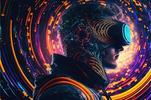 generatief ai illustratie van een enthousiast jong Mens vervelend virtueel realiteit stofbril is binnen de metavers. metaverse concept en virtueel wereld elementen. spellen en vermaak van de digitaal foto