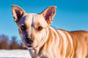 portret van een hond Aan een achtergrond van blauw lucht. generatief ai foto