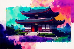 Japans tempel in voorjaar met bloeiend kers boom. digitaal schilderen..aquarel verf. digitaal kunst, generatief ai foto