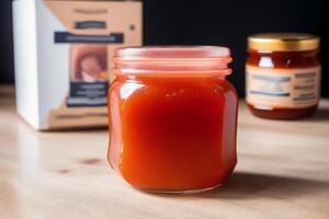 aardbei jam in een glas pot met vers aardbeien, detailopname. gezond voedsel concept. generatief ai foto