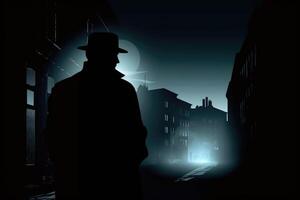 silhouet van Mens in oud fashioned hoed en jas Bij nacht straat. generatief ai foto